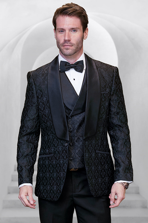 Men's Vested Brocade Paisley Tuxedo in Black