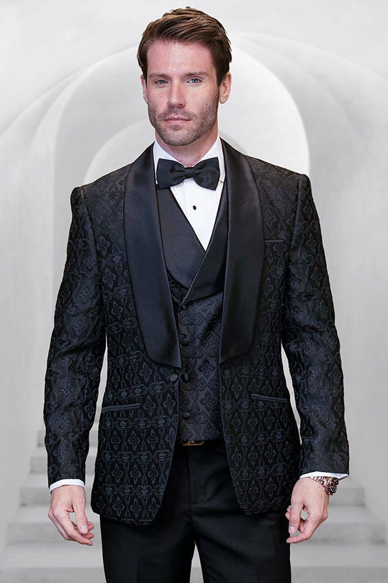 Men's Vested Brocade Paisley Tuxedo in Black