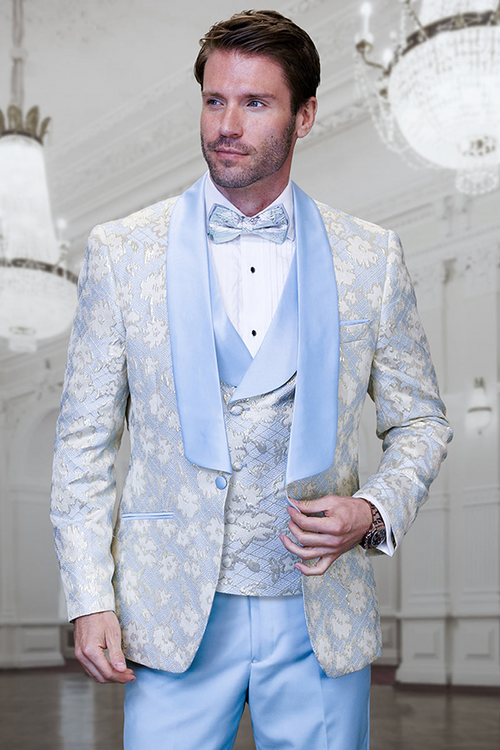 Men's Sky Blue & Gold Paisley Vested Tuxedo