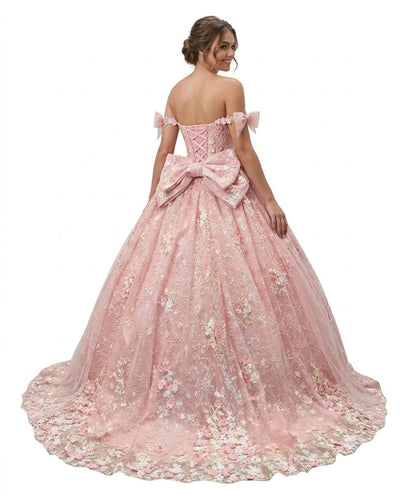 Off-Shoulder Quinceañera Gown with Floral Sweetheart Neckline & Corset Back Bow by Trevi TL3073C