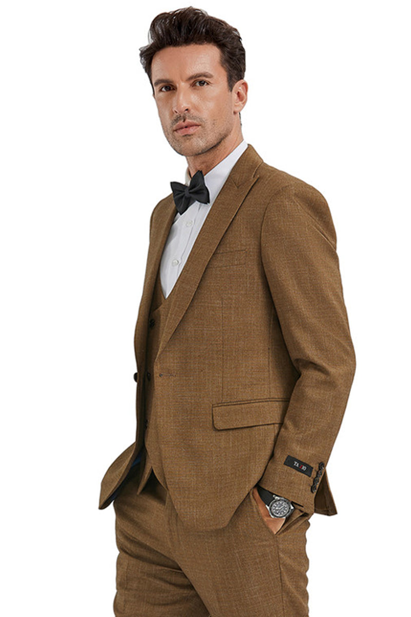 Men's Camel Sharkskin Slim Fit Suit with Double-Breasted Vest