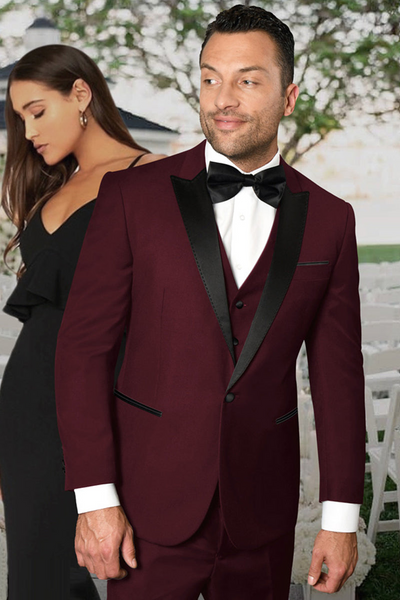 Men's Burgundy Vested Tuxedo with Peak Lapel