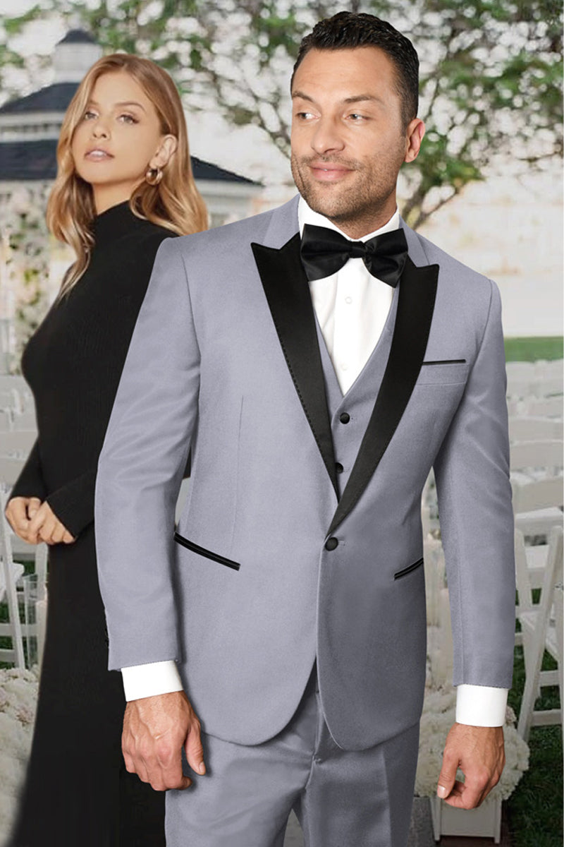 Men's Grey Vested Tuxedo with Peak Lapel by Statement Suits
