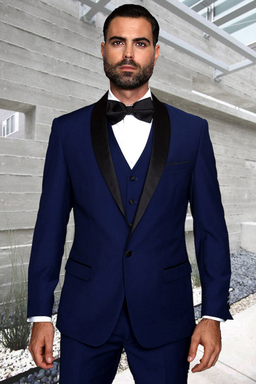 Men's Sapphire Blue and Black Shawl Lapel Tuxedo by Statement Suits