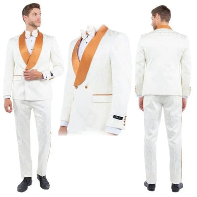 New Paisely Skinny Fit Double-Breasted By Tazio, Ivory & Rustic Orange Tuxedo - Men's Tuxedo USA