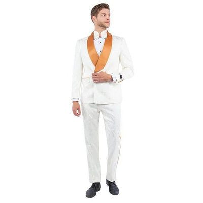 New Paisely Skinny Fit Double-Breasted By Tazio, Ivory & Rustic Orange Tuxedo - Men's Tuxedo USA