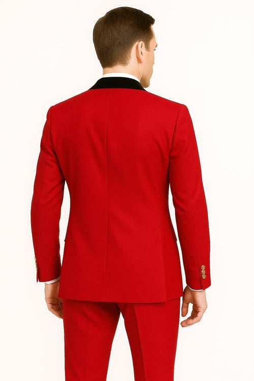 Men's Red Double-Breasted Wedding Tuxedo with Black Velvet Lapel and Gold Buttons - Christmas New Year Suit
