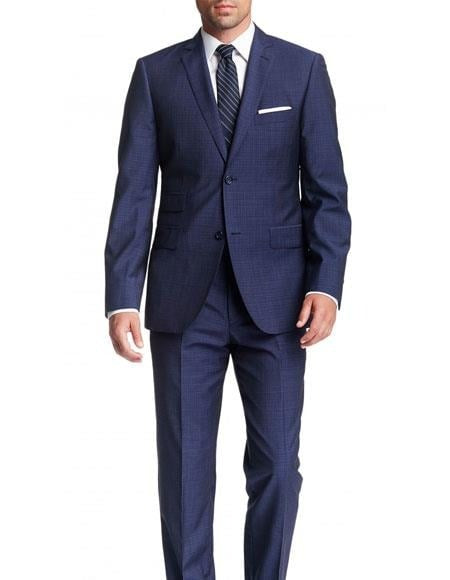 Men's Blue Checkered Check Pattern 2 Button Modern Fit Suits Wool Suit