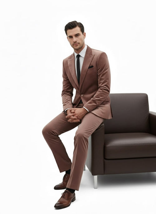 Mens Mauve Velvet Suit – 2 Piece Ultra Slim Fit Blazer and Pants Formal Set in Light Brown Tuxedo