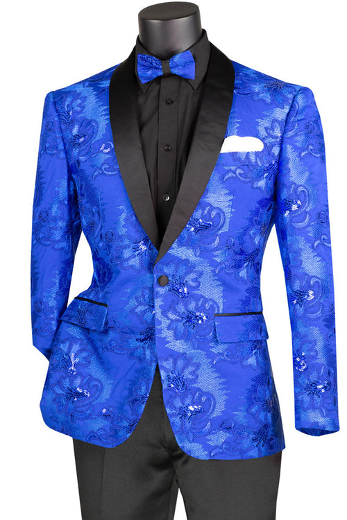 Mens Slim Fit Shiny Floral Sequin Tuxedo Jacket in Royal Blue