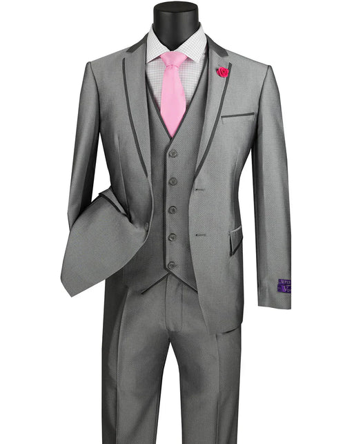 Gray Prom Suit - Mens Ultra Slim Fit Sharkskin Tuxedo with Satin Trim in Grey by PROMTUXEDO
