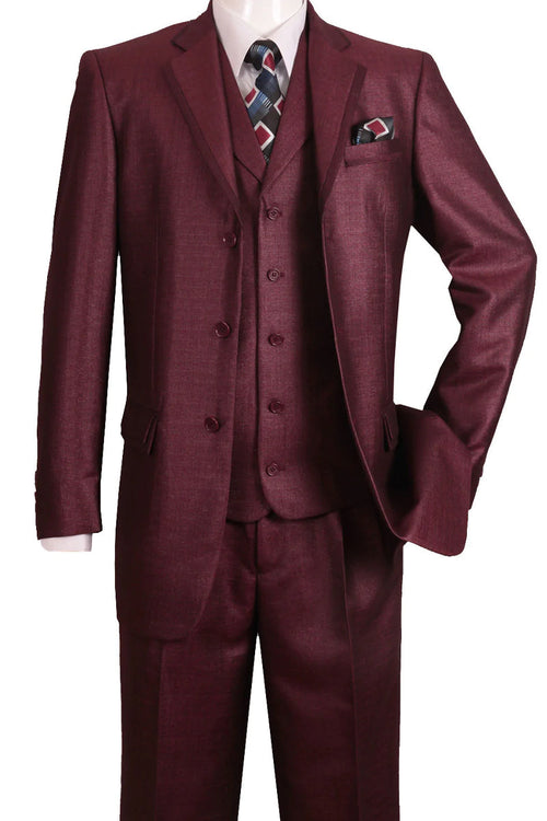 Mens 3 Button Vested Textured Shiny Sharkskin Church Suit in Burgundy by Fortino Landiin