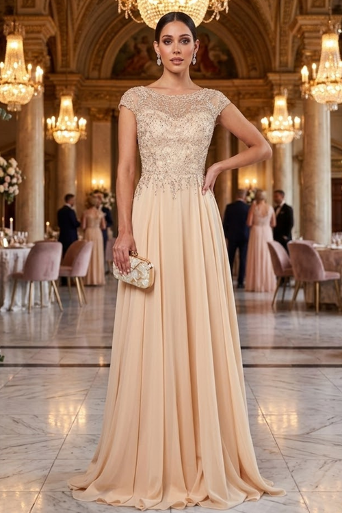 Deklaire K311 Chiffon A-Line Gown with Cap Sleeves – Mother of the Bride Dress
