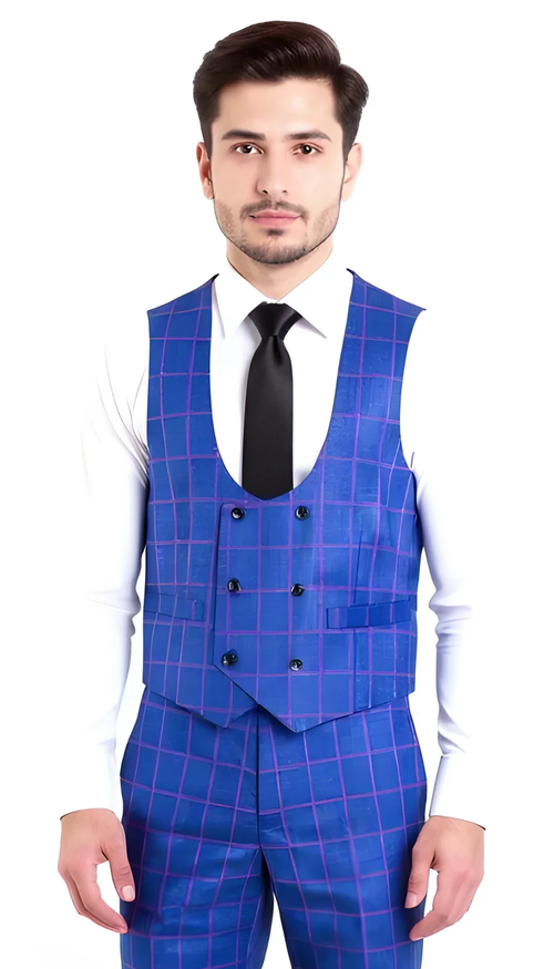 Mens Slim Fit Plaid Suit in Blue – Elegant 3 Piece Formal Set