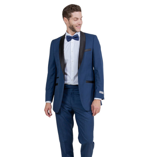 Men's Slim Fit One Button Satin Shawl Collar Tuxedo Suit - Blue
