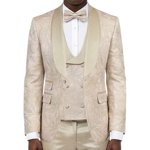 Men's Skinny Fit Jacquard 3 Piece Tuxedo with Double Breasted Vest - Beige