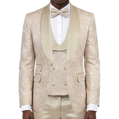 Men's Skinny Fit Jacquard 3 Piece Tuxedo with Double Breasted Vest - Beige