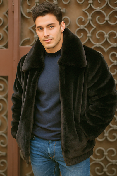 Men's Black Faux Fur Overcoat by Alberto Nardoni