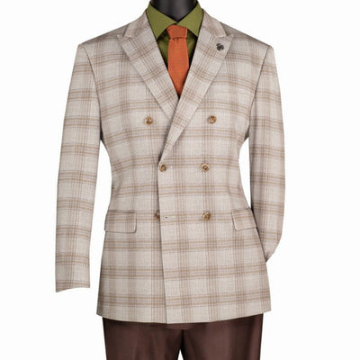 Men's Tan Double Breasted Windowpane Stretch Blazer