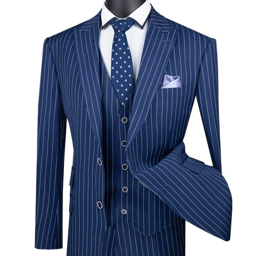 Close-up detail of blue gangster stripe suit fabric pattern