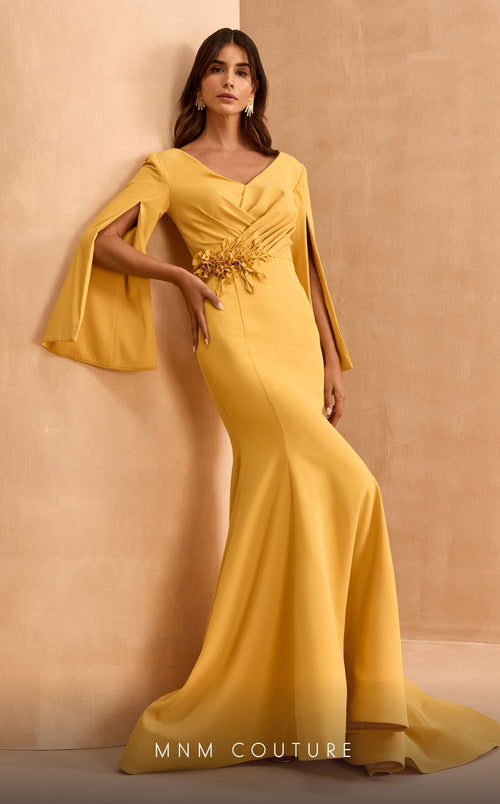 MNM Couture V02044 Mustard Evening Gown with Intricate Detailing