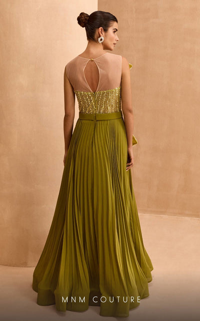 MNM Couture V07014 Green Beaded Peplum Gown with Pleated Skirt