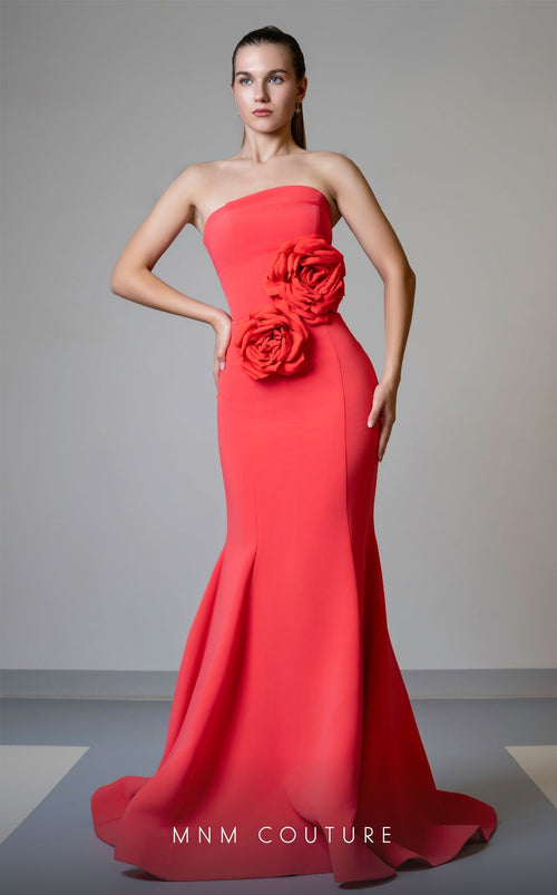 MNM Couture V07548 Strapless Blue Mermaid Gown with Roses