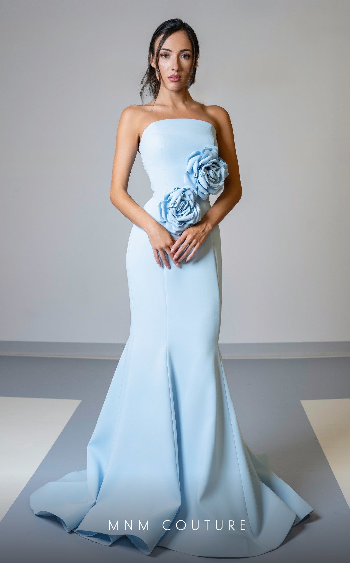 MNM Couture V07548 Strapless Blue Mermaid Gown with Roses