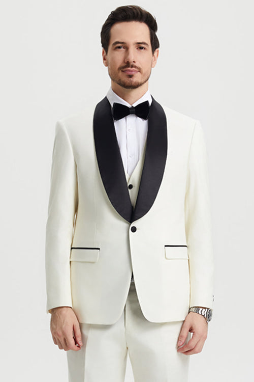 Men's Stacy Adams Vested One Button Shawl Lapel Designer Tuxedo in Ivory