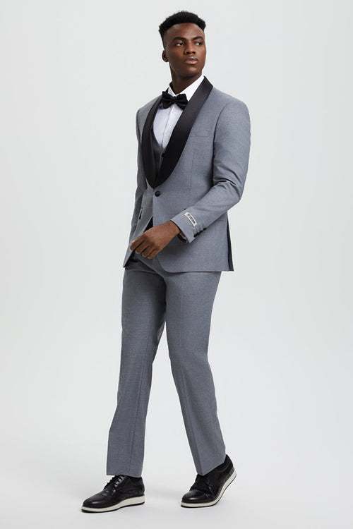 Men's Stacy Adams Vested One Button Shawl Lapel Designer Tuxedo in Grey