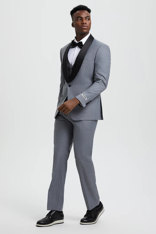 Mens Gray Tuxedo - Grey Wedding Suit-Mens Stacy Adams Vested One Button Shawl Lapel Designer Tuxedo In Grey - Men's Tuxedo USA