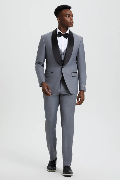 Mens Gray Tuxedo - Grey Wedding Suit-Mens Stacy Adams Vested One Button Shawl Lapel Designer Tuxedo In Grey - Men's Tuxedo USA