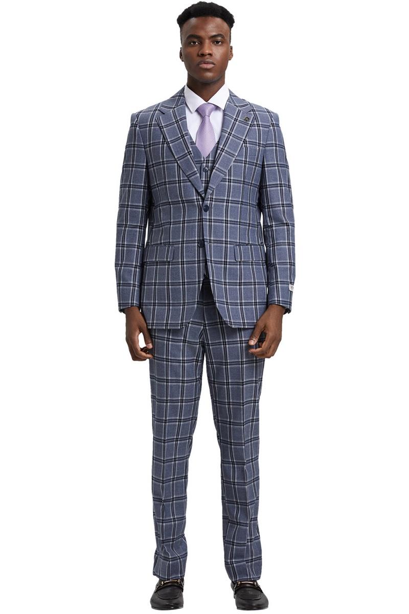 Men's Stacy Adams Two Button Vested Glen Plaid Check Suit in Grey