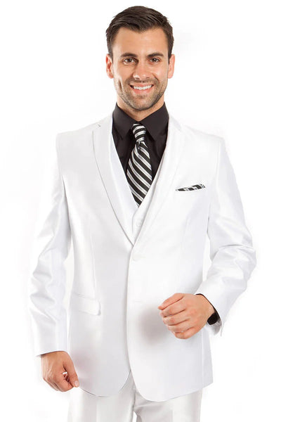 Men's Two Button Vested Shiny Sharkskin Wedding Prom Fashion Suit in White - Men's Tuxedo USA