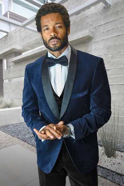 Men's Navy Blue Velvet Vested Tuxedo for Weddings & Prom