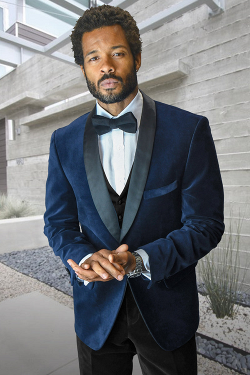 Men's Navy Blue Velvet Vested Tuxedo for Weddings & Prom