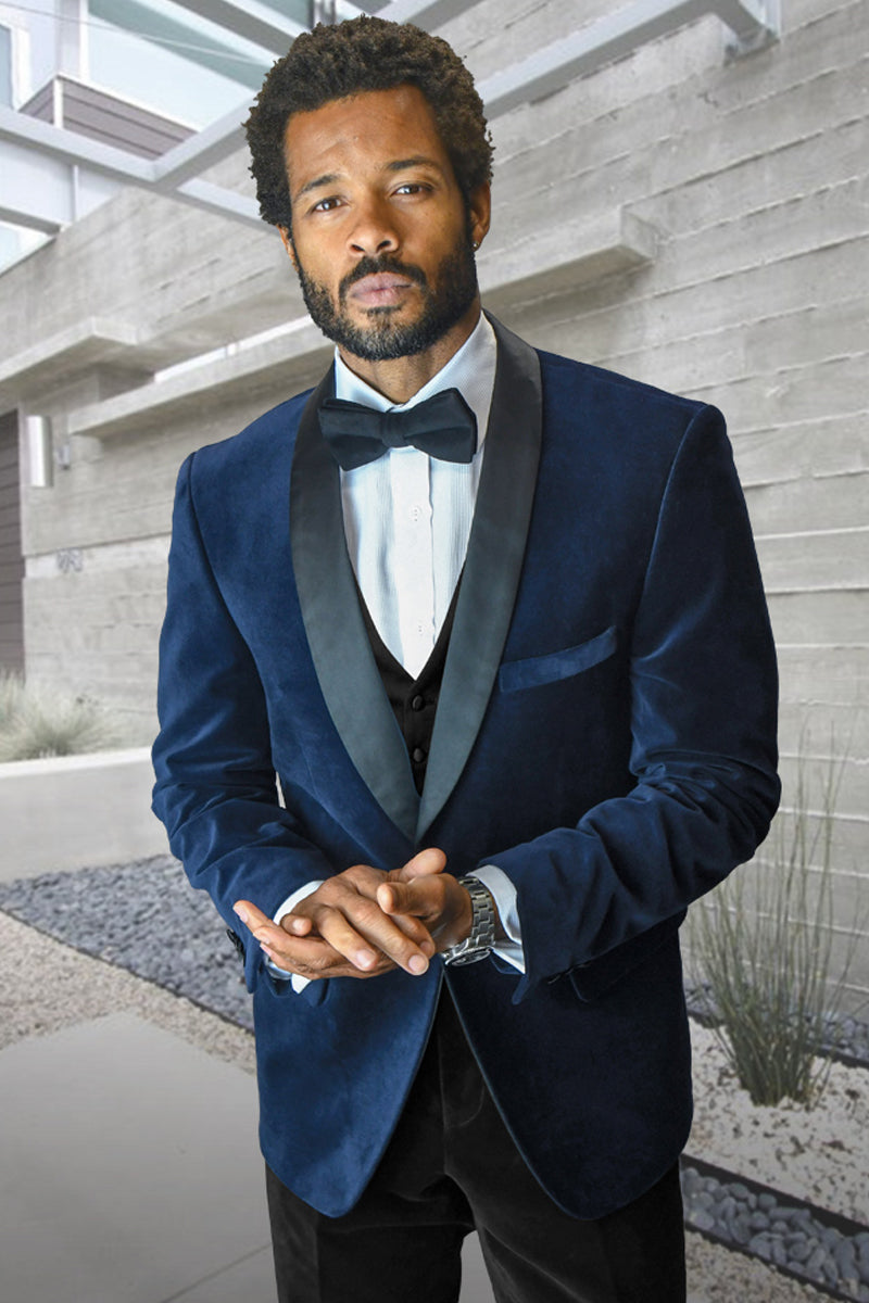 Men's Navy Blue Velvet Vested Tuxedo for Weddings & Prom