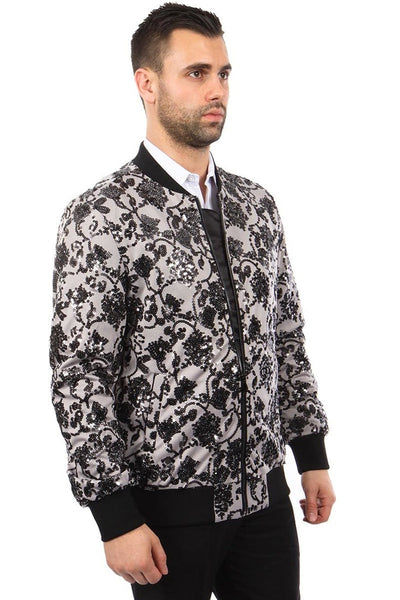Men's Grey & Black Paisley Sequin Bomber Jacket