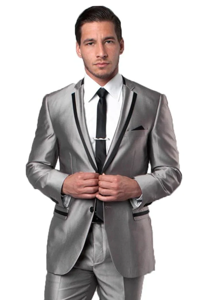 Designer Gray Prom Tuxedo - Grey Wedding Tuxedo Suit With Black Piping by PROMTUXEDO