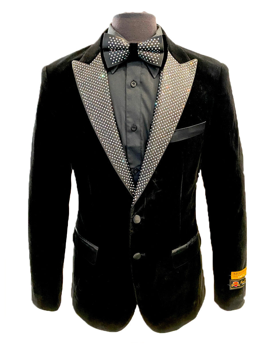 Mens Designer Velvet Dinner Jacket Tuxedo in Black with Silver Diamond Lapel - Men's Tuxedo USA – SuitUSA