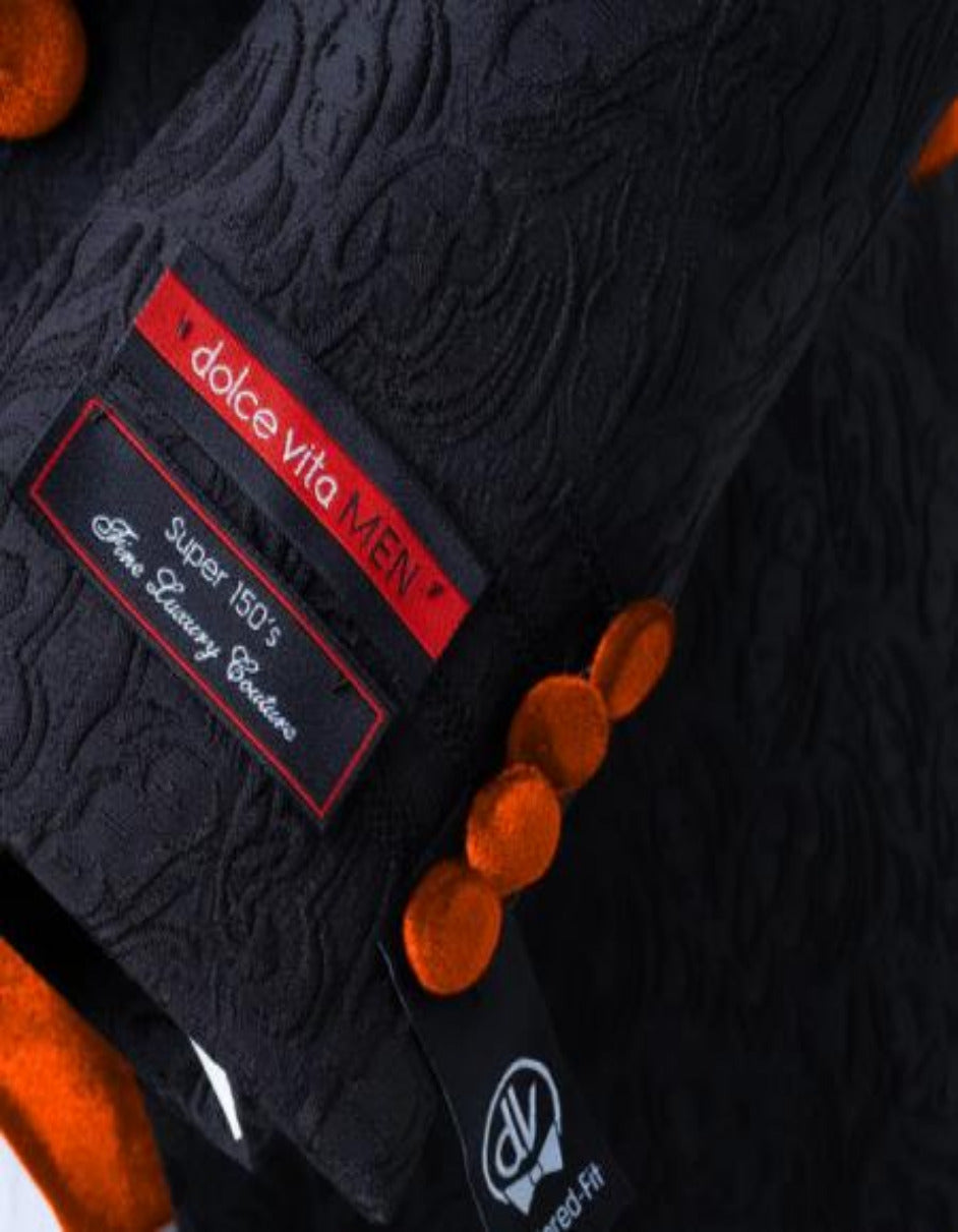 Mens Black with Orange Velvet Lapel 3-Piece Tailored-Fit Tuxedo