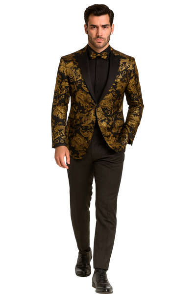 Black and Gold Prom Suit - Mens Paisley Velvet Foil Smoking Gold Jacket