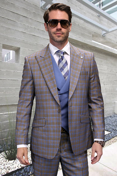 Mens Vested Wool Tuxedo with Velvet Shawl Lapel in Navy by PROMTUXEDO