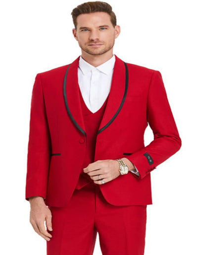 Mens One Button Vested Shawl Tuxedo in Red with Black Satin Trim by Men's Tuxedo USA