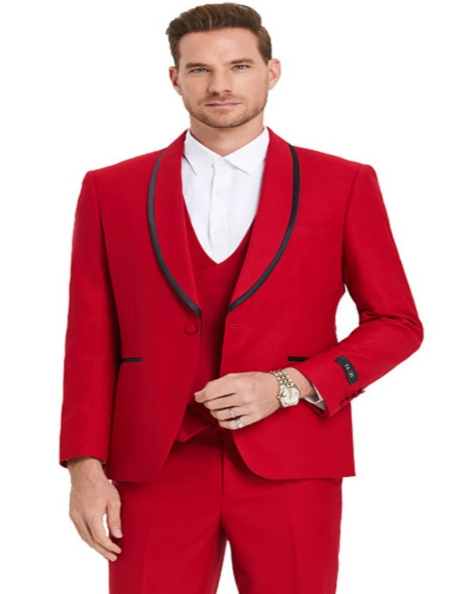 Mens One Button Vested Shawl Tuxedo in Red with Black Satin Trim by Men's Tuxedo USA