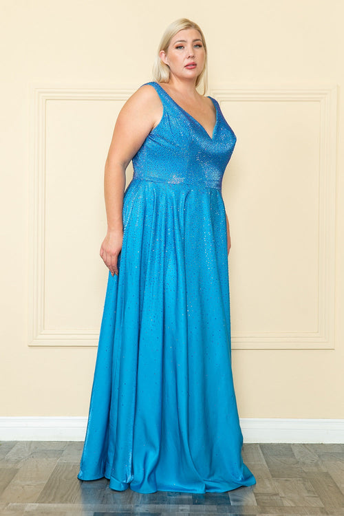 Poly USA W1110 Plus Size Long V-Neck Rhinestone Dress