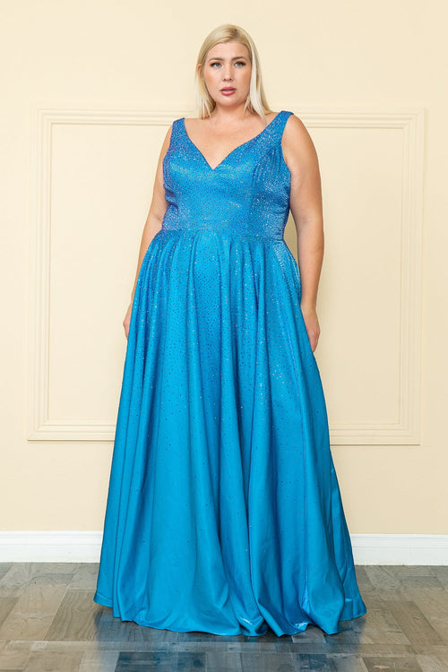 Poly USA W1110 Plus Size Long V-Neck Rhinestone Dress