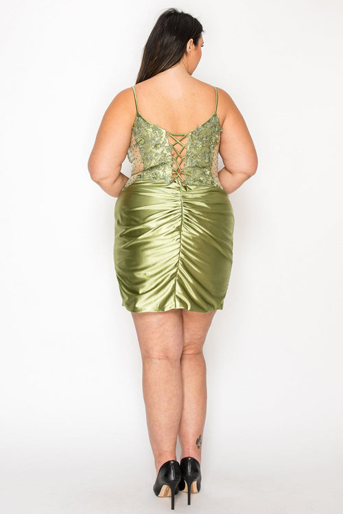 Poly USA W1176 Plus Size Short Beaded Satin Semi Formal Dress