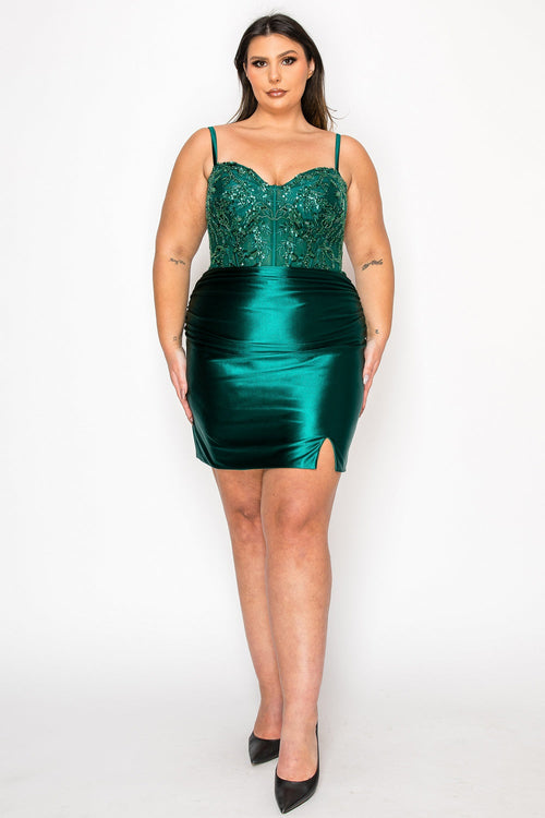 Poly USA W1178 Plus Size Short Beaded Satin Hoco Dress with Slit