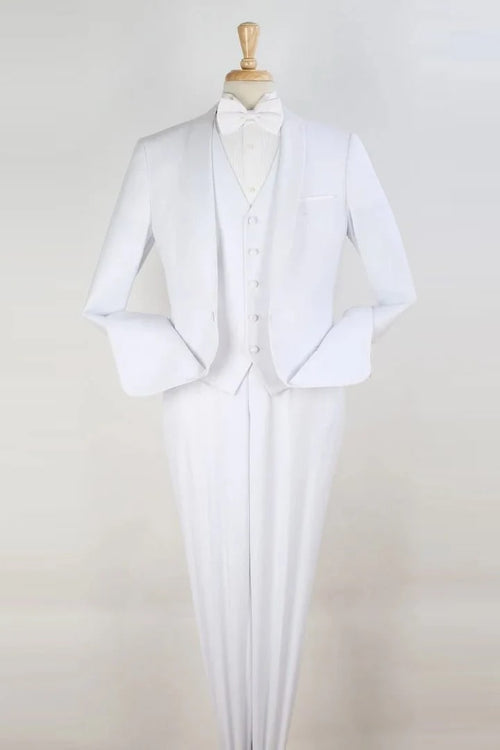 All White Mens Tuxedo - Wedding Suit - Mens One Button Modern Fit Vested Shawl Tuxedo In White - Men's Tuxedo USA